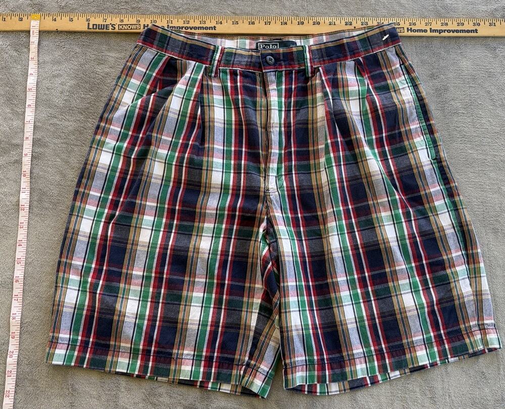 Vintage POLO Ralph Lauren Shorts Preppy Plaid Tyler Madras Flat Front Mens 32